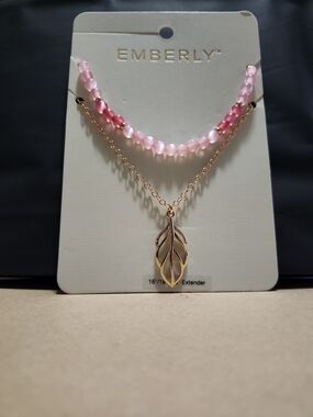 Emberly Layered Necklace – Pink Bead & Gold Leaf Pendant (16” + Extender)